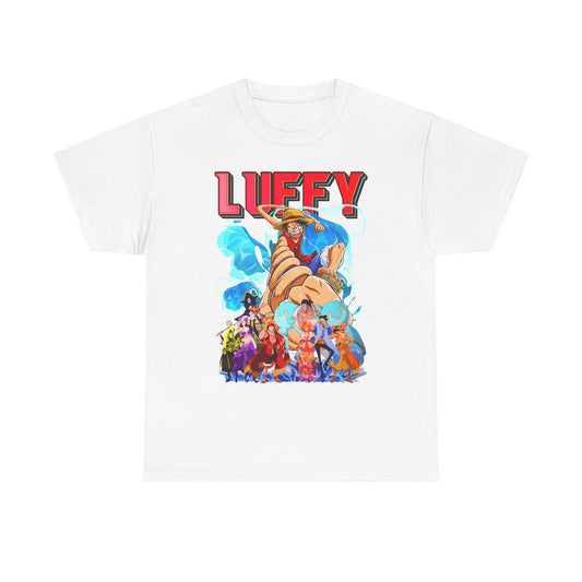 Stylish white men's graphic t-shirt showcasing a striking illustration of Luffy and companions from a renowned adventure narrative, perfect for elevating everyday attire.