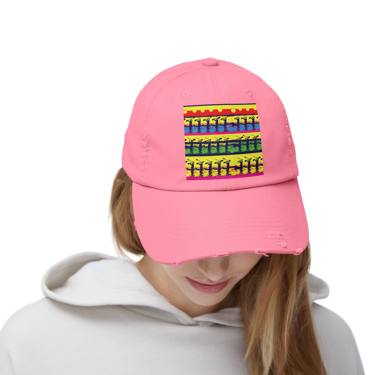 Unisex Distressed Paddleboarders Cap in elegant pink, featuring a vibrant paddleboarding scene on the front panel, perfect for stylish sun protection during outdoor adventures.