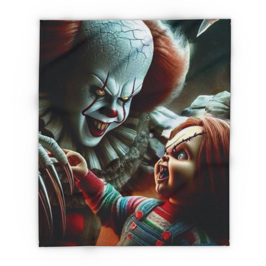Elegant Decorative and Warm Halloween Pennywise Chucky Arctic Fleece Blanket featuring an intricate graphic of Pennywise and Chucky, ideal for adding a touch of spooky sophistication to your decor.