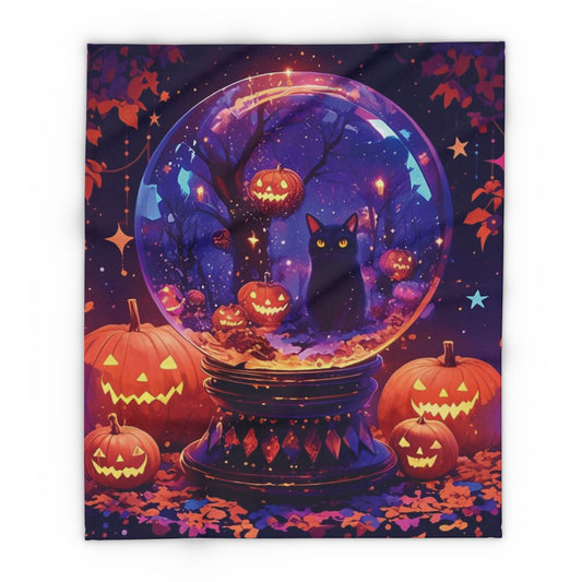 Decorative and Warm Halloween Spooky Arctic Fleece Blanket showcasing a mesmerizing design of a black cat and illuminated pumpkins within a magical snow globe, ideal for enhancing your Halloween ambiance with elegance.