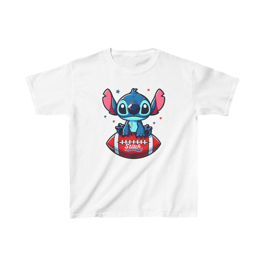 Unisex Kids Stitch Cotton T-Shirt Tee in white, showcasing a delightful Stitch graphic on a football, perfect for stylish young dreamers.
