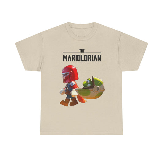 Premium quality beige t-shirt adorned with the 'Mariolorian' graphic, depicting a charming red-armoured figure alongside an endearing green companion, ideal for discerning fans of pop culture and stylish attire.
