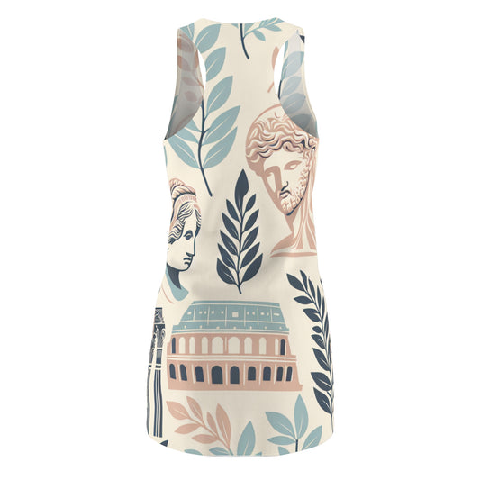 Close-up of the Alessandro Estrella Racerback Dress showcasing intricate Roman sculptures and aqueduct patterns in soft pastel hues, combining antiquity with modern elegance.