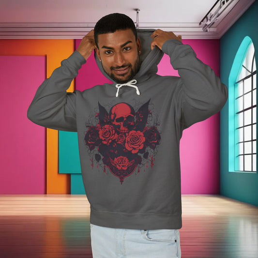 Unisex Lightweight Hooded Sweatshirt showcasing a unique designer skull and roses design, model in the grey colour variant in an artistic environment.