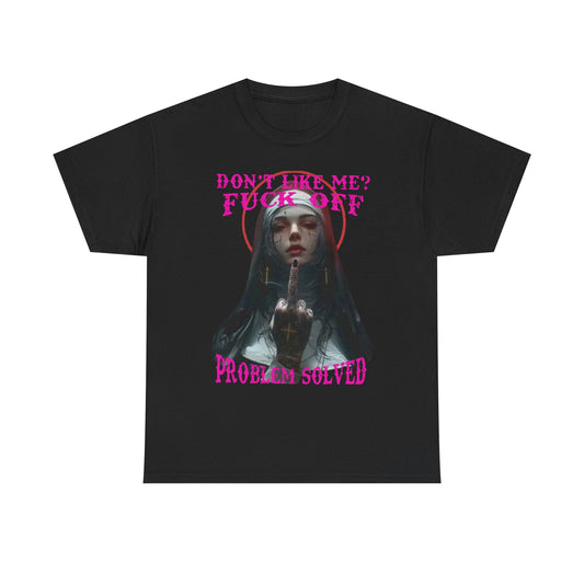 Elegant black T-shirt for men adorned with a captivating gothic nun graphic, complete with vibrant pink text declaring a fearless statement. A perfect blend of streetwear and luxury.