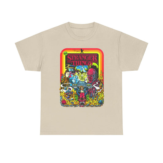 Premium quality unisex t-shirt showcasing a nostalgic 'Stranger Things' graphic, rich in colour and detail, perfect for fans and casual wear alike.