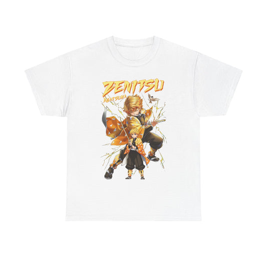 Elegant white t-shirt showcasing Zenitsu Agatsuma from Demon Slayer, artistically illustrated with bold colours and dynamic lightning effects.