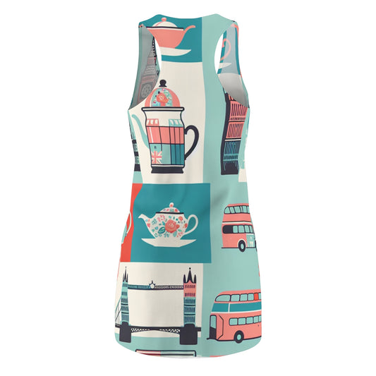 Close-up view of Evelina Belleza London Racerback Dress with unique pastel landmark prints, embodying the essence of London’s charm and wearable art.