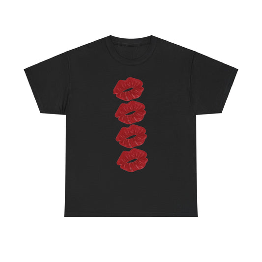 Elegant black graphic tee showcasing a unique arrangement of four bold red kiss prints, ideal for romantic occasions and statement fashion.