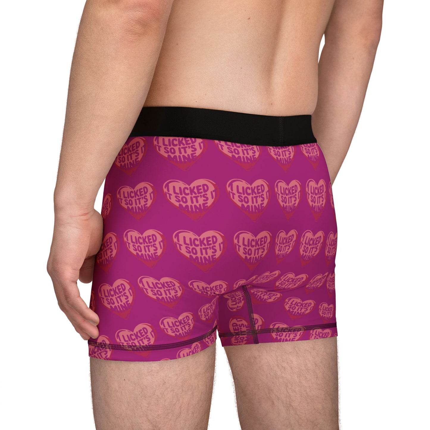 Valentines Naughty Cheeky Men's Boxer Briefs showcasing a vibrant graphic print with heart motifs and cheeky text, perfect for adding a humorous touch to intimate apparel for anniversaries or Valentine's Day.