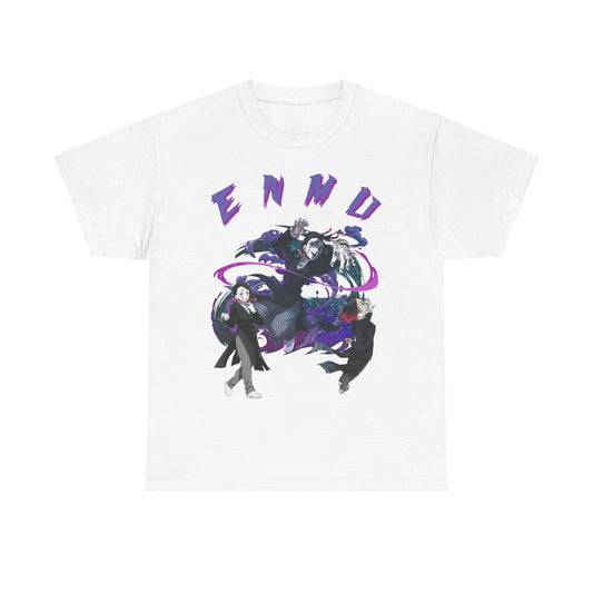 Elegant white Demon Slayer T-shirt showcasing striking artwork of Enmu and other characters, with purple typography that complements the eye-catching design.