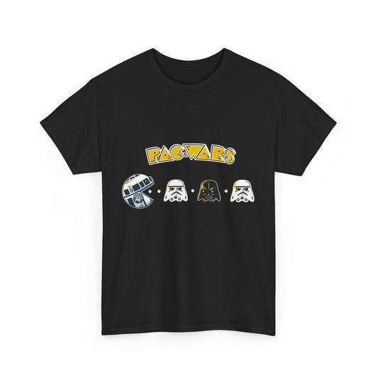 Pac Wars Pacman Star Wars Mashup Unisex Men's Women's Graphic T Shirt Tee, featuring a stylish print of iconic characters on a premium black background.