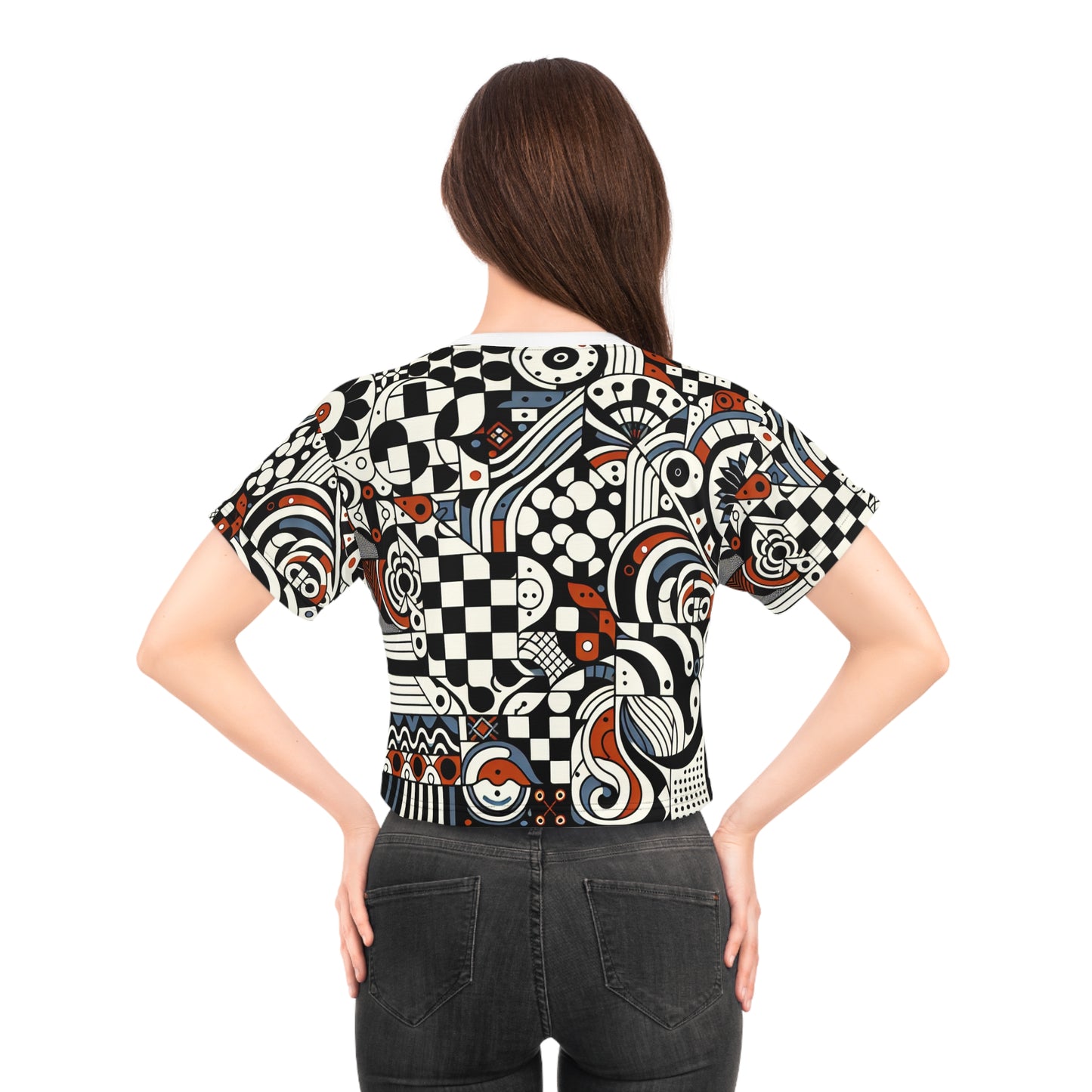 Detailed back view of the Andrea Bellecci Colourful Checkerboard Crop Top, emphasising its artistic checkerboard pattern, crafted for modern elegance.