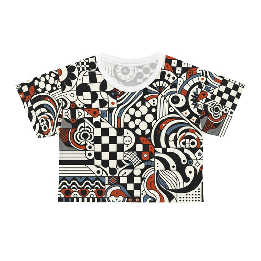 Andrea Bellecci Colourful Checkerboard Crop Top showcasing an artistic checkerboard pattern, designed for the fashion-forward individual seeking luxurious comfort and chic aesthetics.