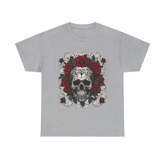 Skulls and Roses Cotton Tee in grey, showcasing a detailed skull graphic surrounded by vibrant roses, ideal for adding a statement piece to any luxury casual wardrobe.