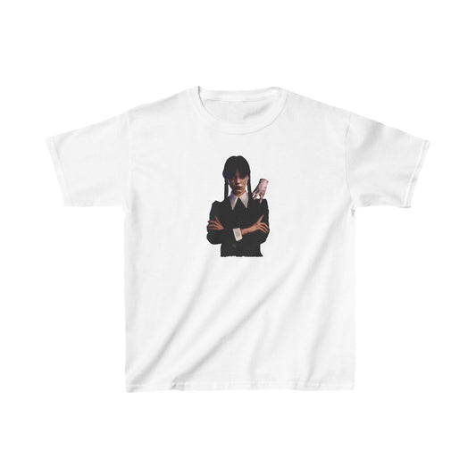 Childs Wednesday with Thing Unisex Graphic Tee Shirt Kids in white showcasing an elegant graphic of Wednesday Addams alongside her loyal partner Thing.