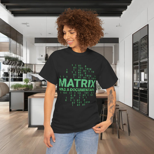 Stylish Matrix Graphic T-Shirt featuring the text 'MATRIX WAS A DOCUMENTARY' in bold neon green on a model, set in a contemporary kitchen backdrop, elevating urban fashion.