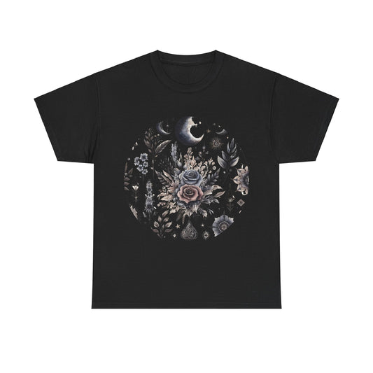 Pure Symphony Floral Graphic Tee - A sophisticated black t-shirt adorned with intricate floral graphics, ideal for elegant spring and summer fashion.
