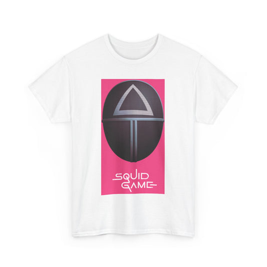 Squid Game Unisex Men´s Women´s Graphic Cotton Funny T Shirt Tee featuring an iconic mask design on a vibrant pink background, perfect for urban fashion enthusiasts.