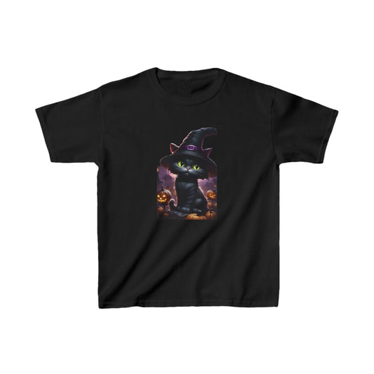 Kids Cute Kitten Halloween T-shirt showcasing a charming black kitten in a witch's hat, complemented by a pumpkin setting, offered in a classic black colour - Heavy Cotton Tee by Dazzling Dreams.