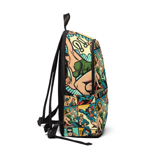 Luxurious Trendy Modern Pop Art Backpack by Dazzling Dreams Studio featuring vibrant comic characters and elegant design elements.