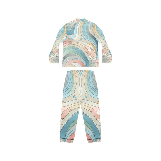Luxury Women's Satin Pajamas Set in Soft Pastel Colours - Modern Comfort & Style, displaying a sophisticated view of a long-sleeve top and pants with an artistic pastel swirl pattern.