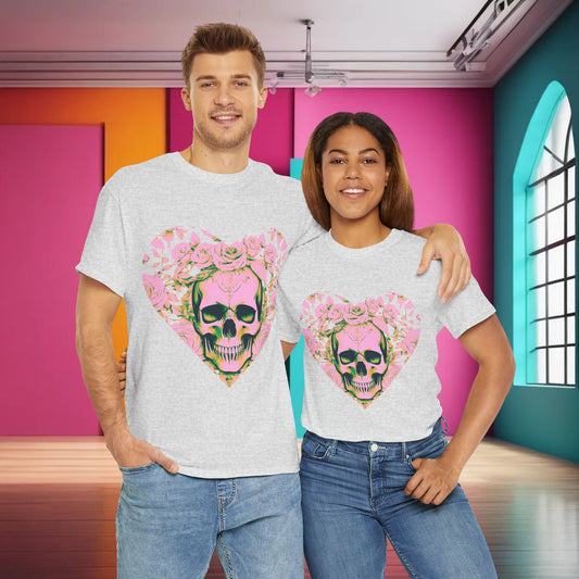 Luxurious Skulls and Roses Cotton Tee showcased on a couple, featuring an intricate heart design with skulls and roses, ideal for alternative fashion enthusiasts.
