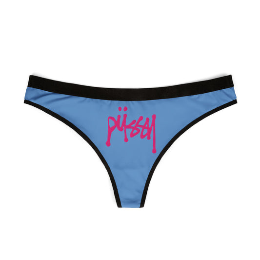 Chic blue women's thong panties featuring a striking pink typography of the word 'Pussy', a stylish addition to any lingerie collection for the confident woman.