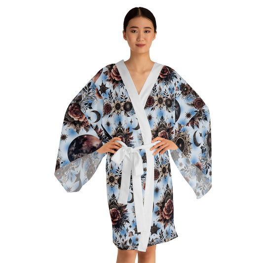 Elegant Floral Kimono Robe in white with stunning floral designs, showcasing long sleeves and a chic tie waist, perfect for sophisticated loungewear.