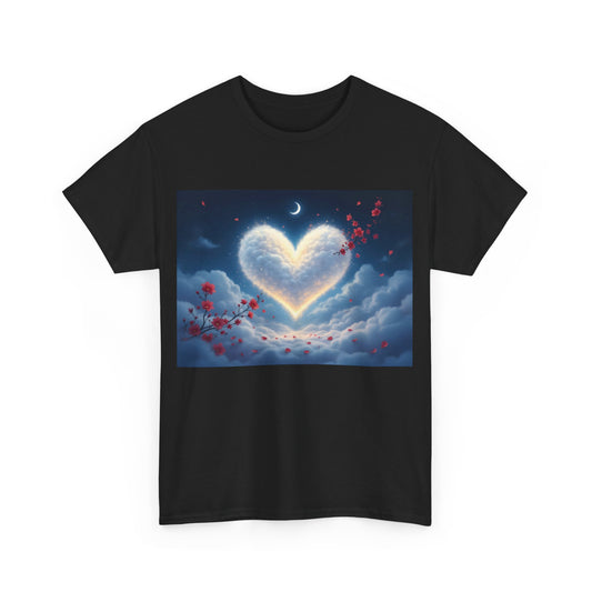 Ethereal Heart: The Dreamy Cloud Graphic T-Shirt elegantly displaying a luminous heart-shaped cloud, mingled with delicate cherry blossoms against a twilight backdrop, perfect for luxury casual wear.
