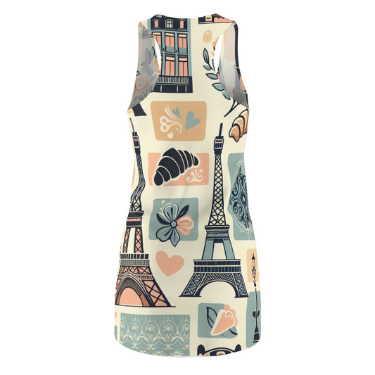 Close-up of Valentina Bordeaux Paris Dress - Stylish pastel racerback showcasing its unique Eiffel Tower cutouts and soft hue pattern.