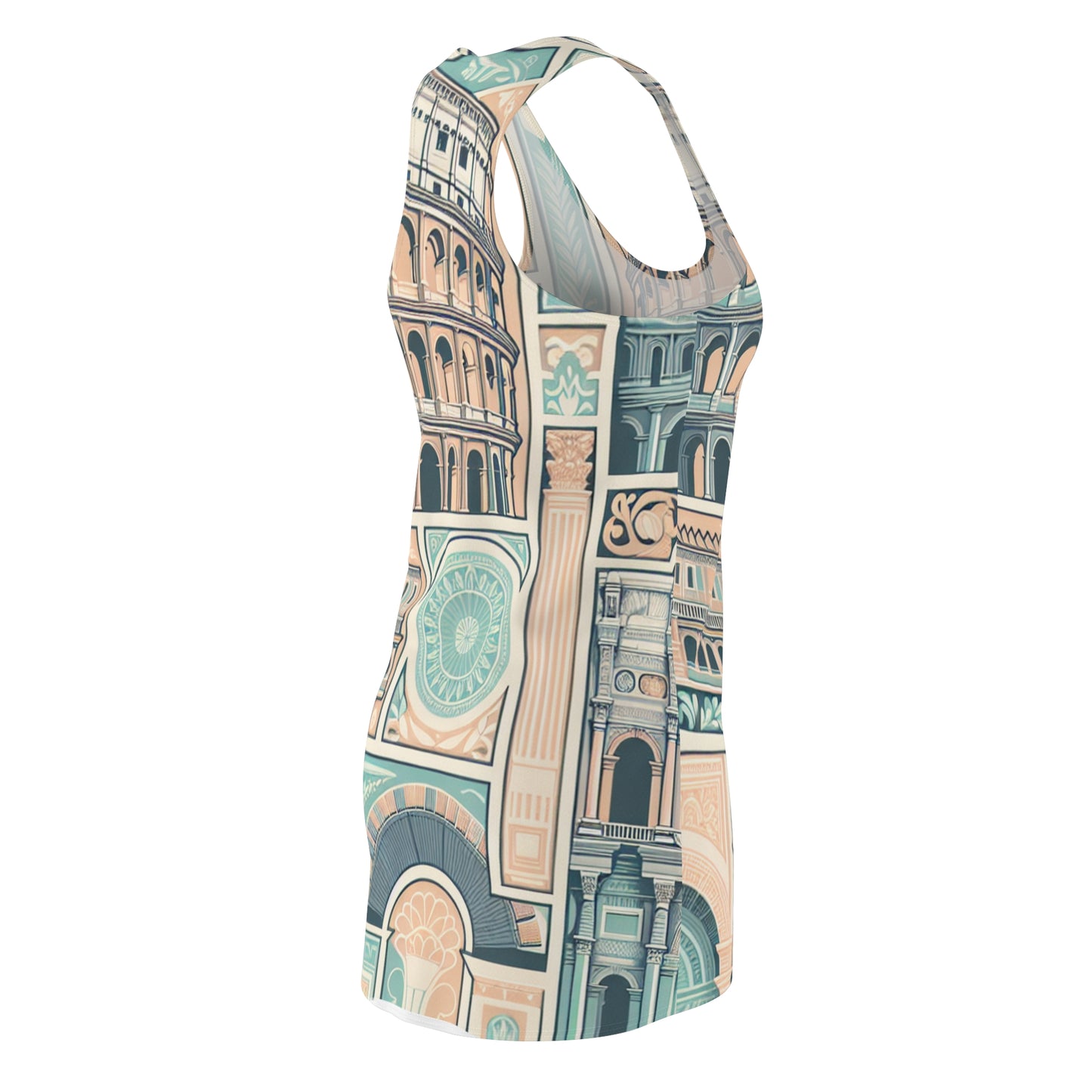 Evelyn Charleston Racerback Dress by Dazzling Dreams Studio, featuring soft pastel shades inspired by ancient Rome's architecture with elegant modern patterns, perfect for sophisticated occasions.