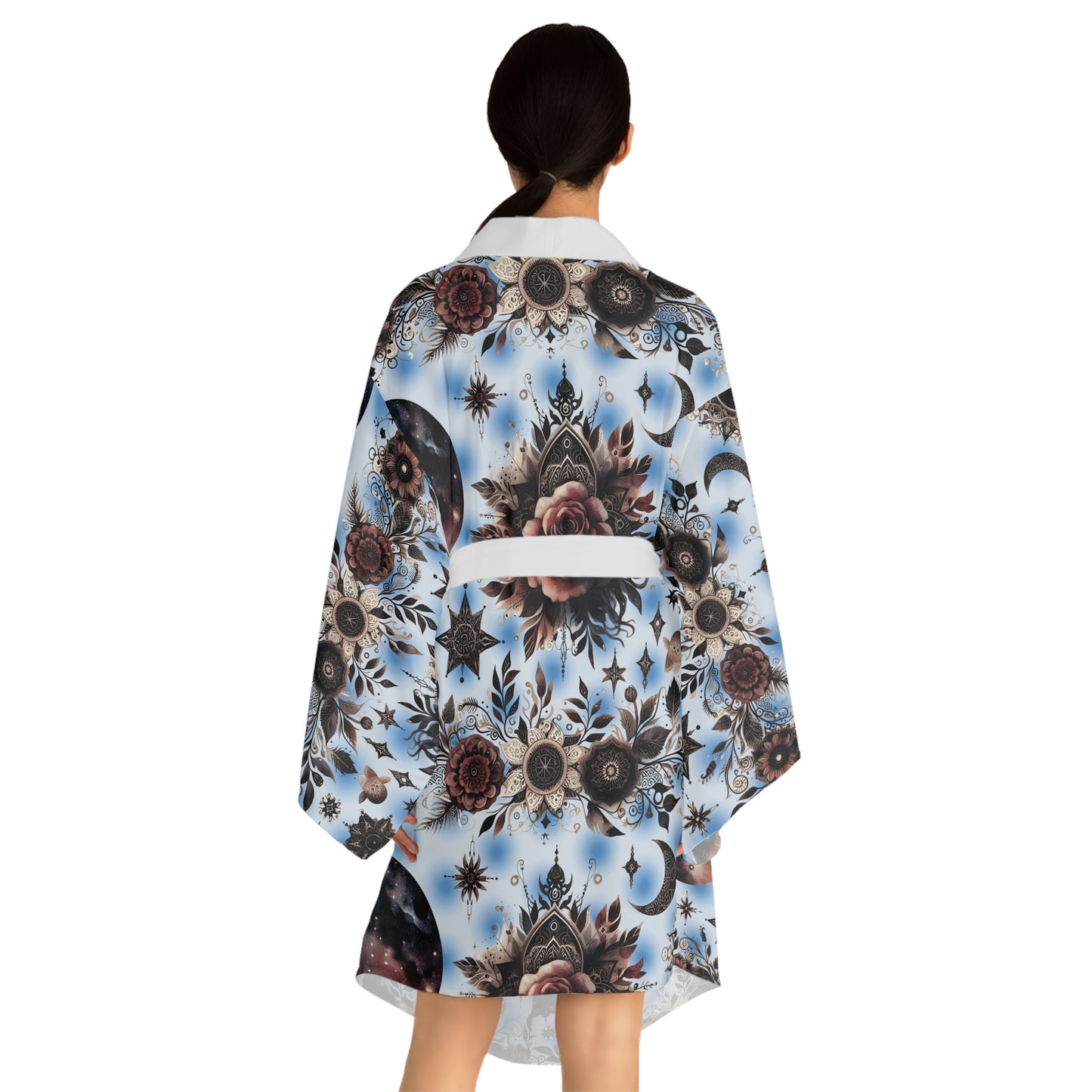 The back view of a Floral Kimono Robe, displaying its beautiful floral patterns and sophisticated cut, perfect for chic home wear and special occasions.