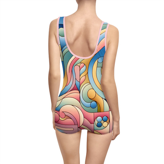 Back view of the Energetic Move Women's Vintage Swimsuit featuring a pastel pink abstract design, elegantly designed for comfort and style, ideal for beach or pool outings.