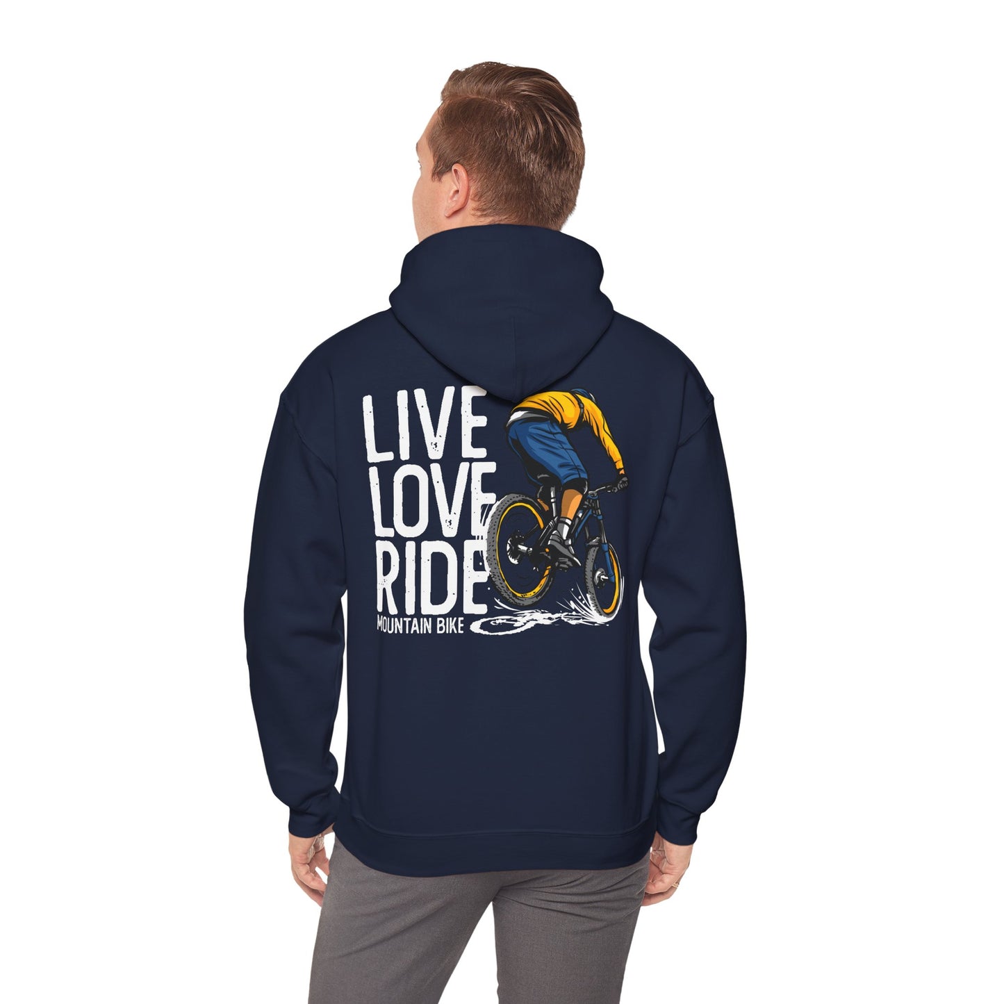 Chic navy hoodie with a dynamic 'Live Love Ride' graphic on the back, showcasing a mountain biker in action, perfect for adventurous spirits.