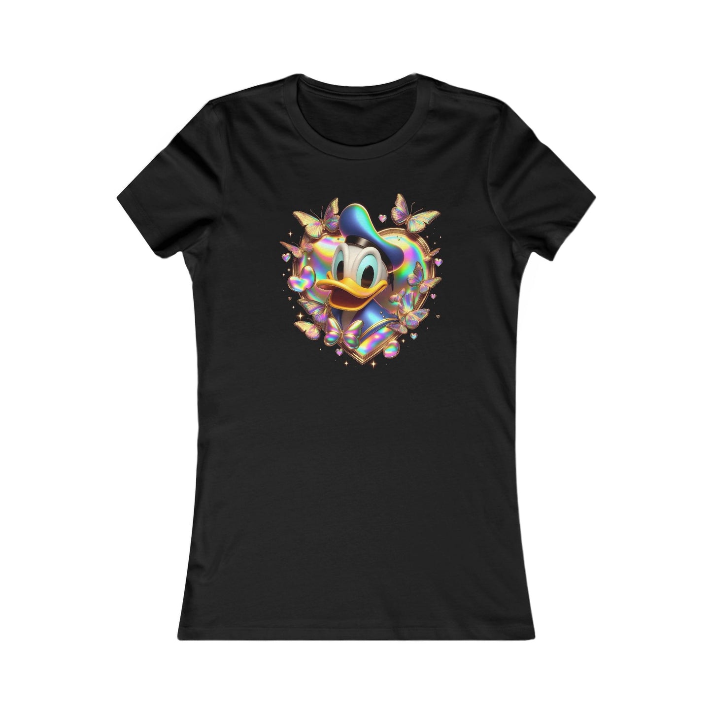 Iridescent Donald Duck Women's Cotton T Shirt Tee featuring a close-up of Donald Duck surrounded by colourful butterflies and heart-shaped decorations, perfect for adding a touch of Disney magic to your wardrobe.
