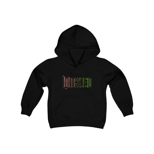 Elegant Child's Wicked Movie Graphic Pullover Hoodie in black, tailored for unisex youth, showcasing the striking Wicked logo.
