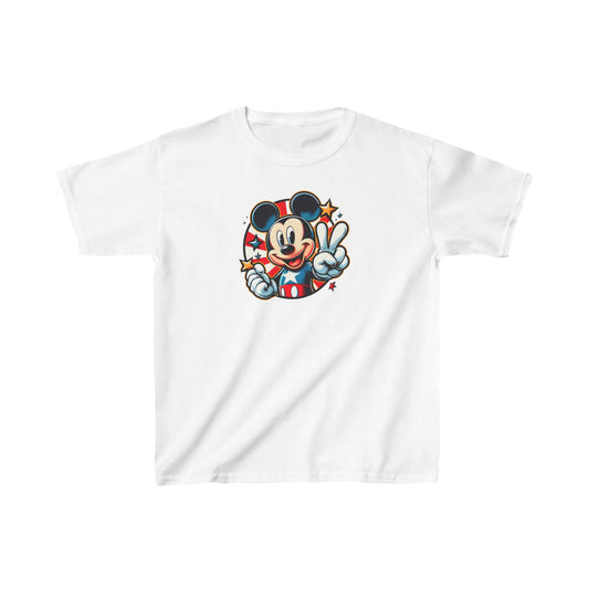 Luxury Child’s Mickey Mouse Pop Art Unisex Graphic Tee Shirt in White showcasing an iconic Mickey Mouse design with vibrant red, white, and blue colours.