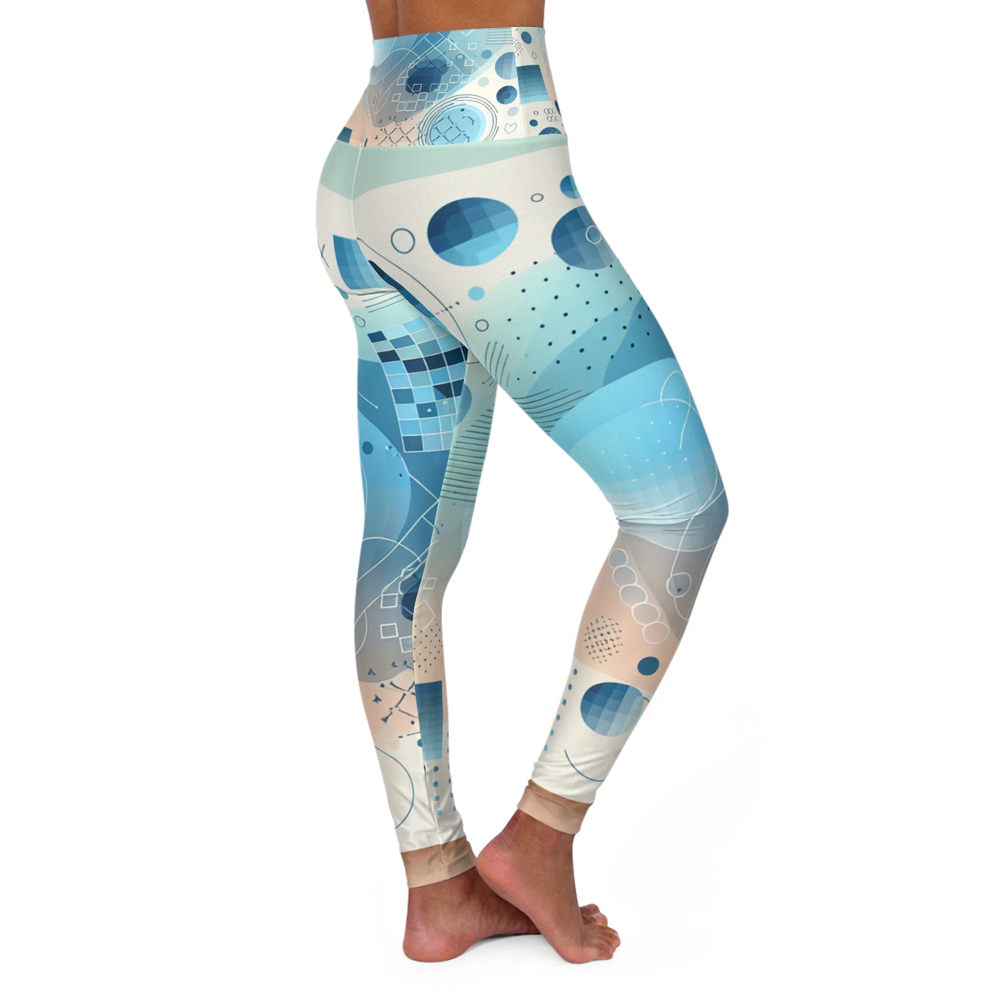 Close-up of the luxurious fabric of Sebastian Couture's high-waisted leggings, featuring a stunning pastel blue abstract pattern from Dazzling Dreams Studio.