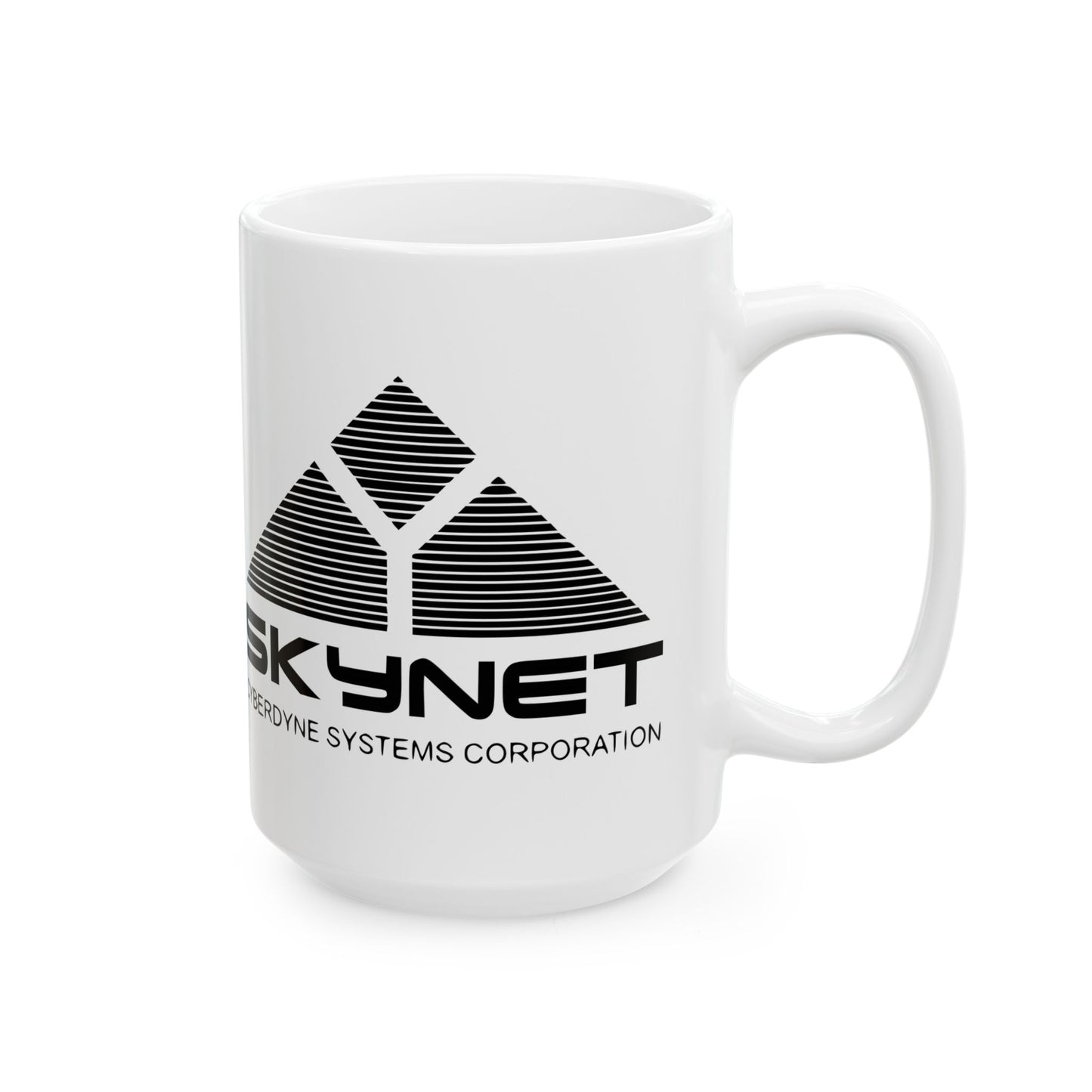 Close-up of the Skynet Cyberdyne Systems Logo Terminator Retro Image Ceramic Mug, showcasing its striking design and glossy finish, ideal for enjoying beverages while contemplating time travel.