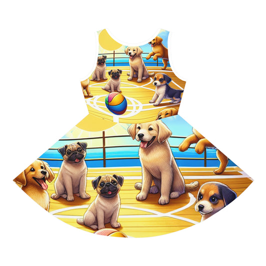 Close-up view of the charming puppy print detail on the Isabella Cherubino Girls Summer Sundress from Dazzling Dreams Studio, designed for comfort and style.