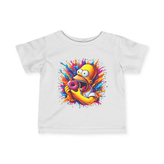 Unisex Baby's Urban Homer’s Hungry Delight graphic Tee in white featuring a playful depiction of Homer Simpson and a donut, designed for children aged 6 months to 2 years.