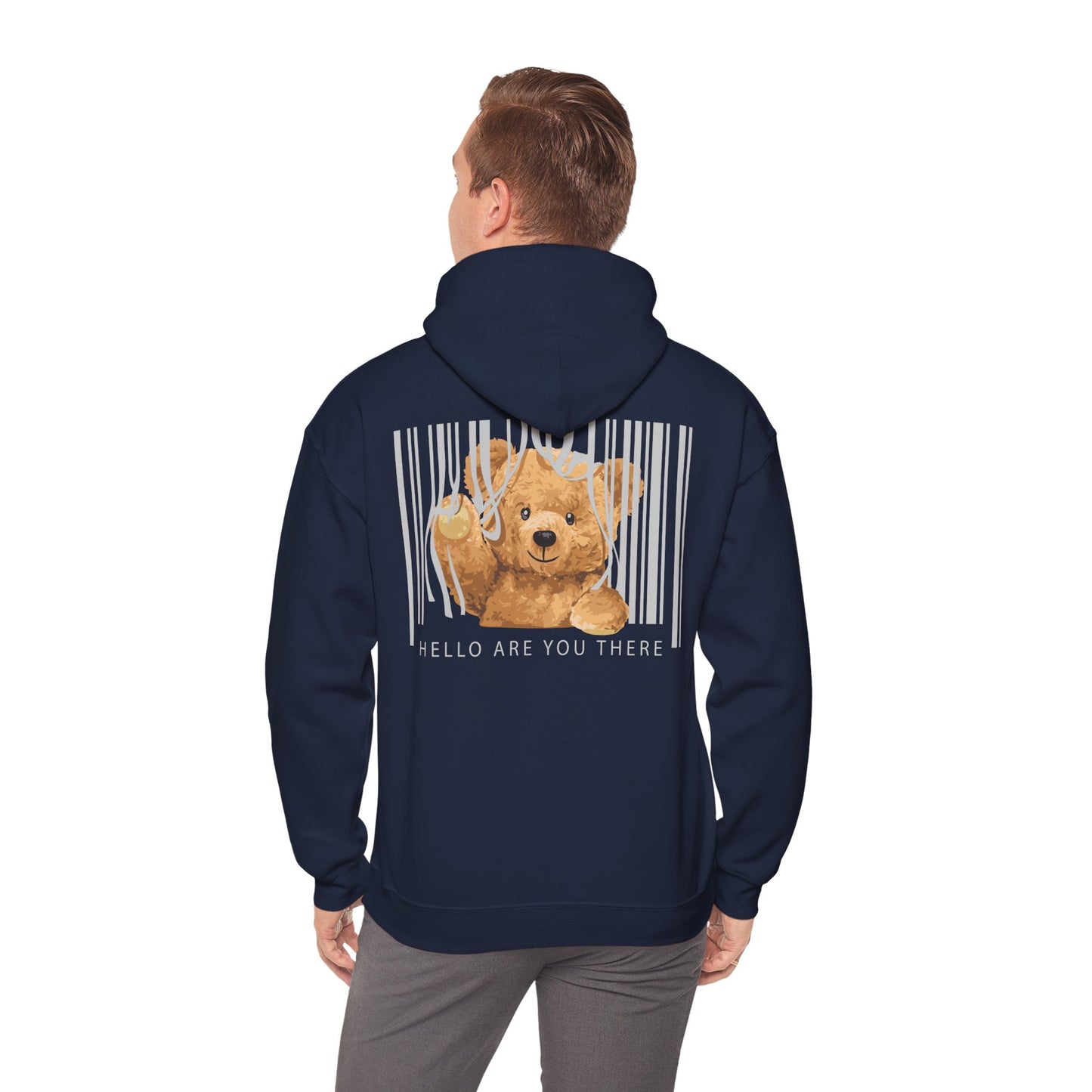 Elegant navy blue hoodie featuring a whimsical illustration of a charming teddy bear peeking through a modern barcode. The playful design includes the text 'HELLO ARE YOU THERE,' offering a blend of nostalgic and contemporary aesthetics, perfect for a stylish yet cozy look.