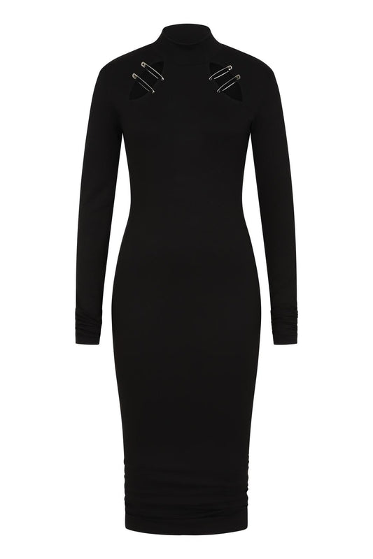 Detail shot of the sophisticated ruched cuffs and hem of the Necessary Evil Nyx Midi Dress, highlighting its luxurious black viscose jersey fabric.