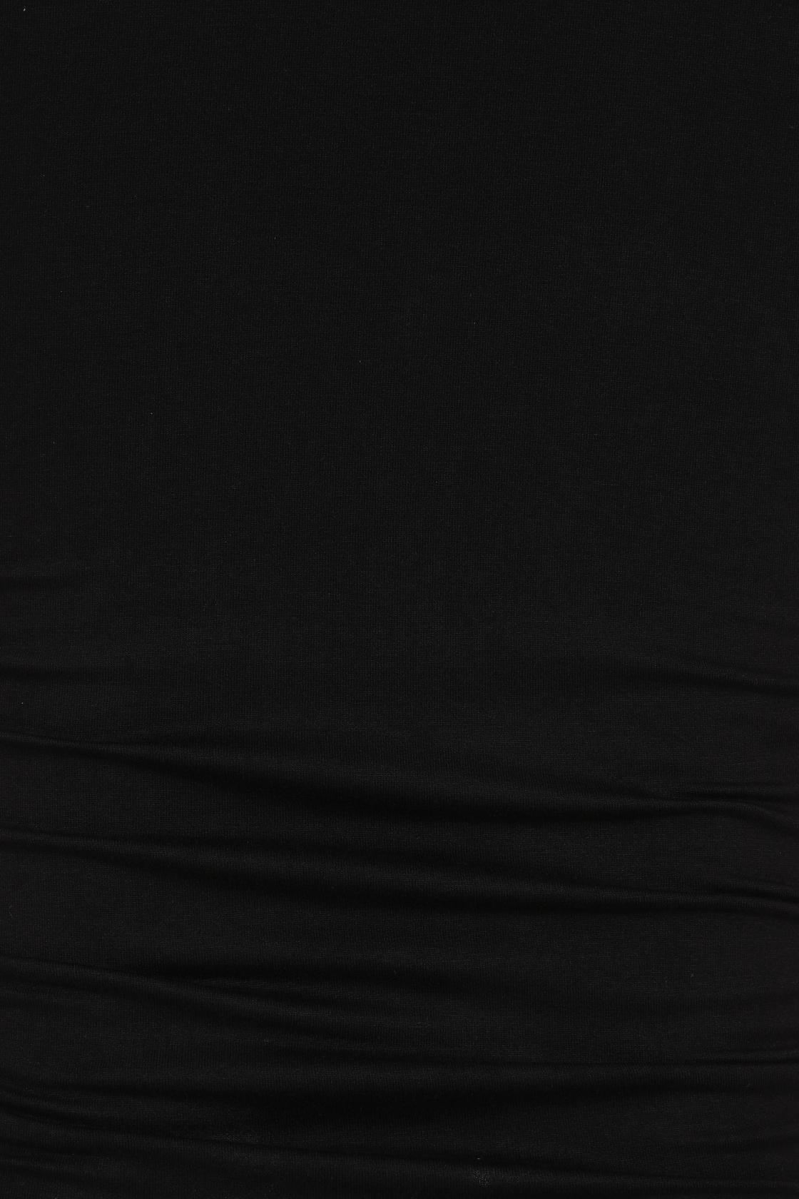 Close-up of the Necessary Evil Nyx Midi Dress showcasing luxurious black viscose jersey fabric, ruched cuffs, and sophisticated high neckline tailored for a chic gothic look.