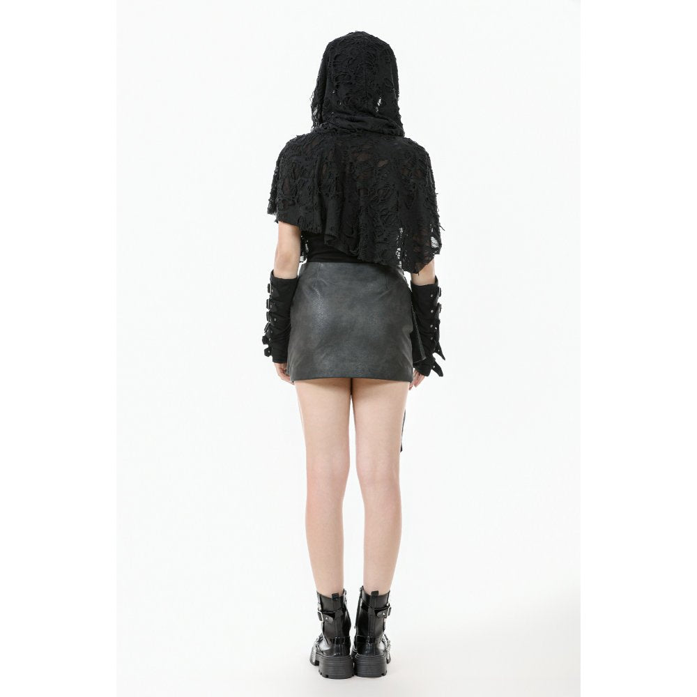 Back view of the Dark In Love Nyx Hooded Poncho, capturing its flowing silhouette and distressed design, ideal for creating alluring gothic looks.