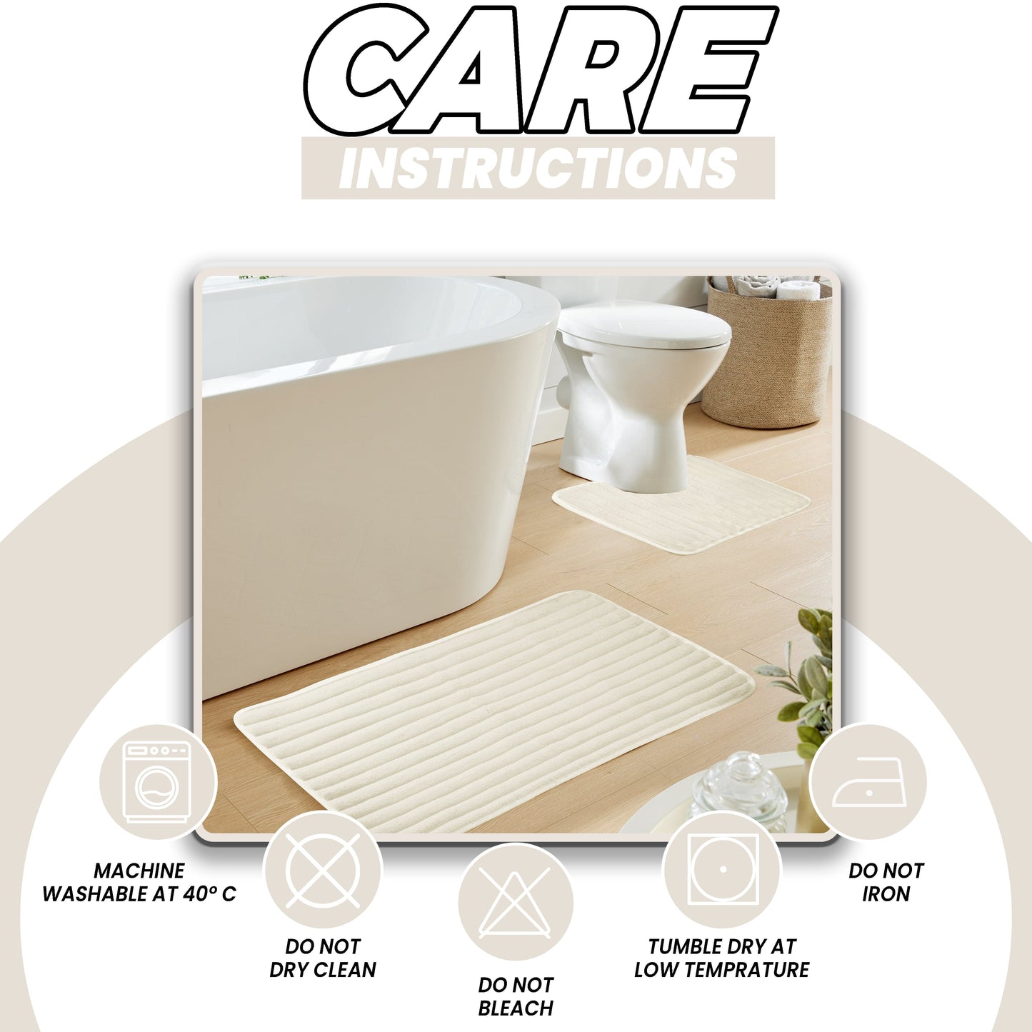 Elegant cream two-piece bath mat set featuring non-slip technology, perfect for enhancing bathroom aesthetics while ensuring grip and absorbency.