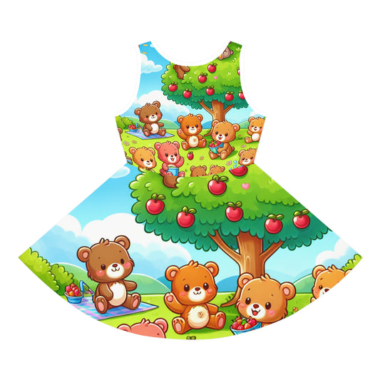 Sophia Buttercup Girls Sundress adorned with colourful cartoon teddy bears, presenting a cheerful summer landscape ideal for little ones to enjoy sunny days.