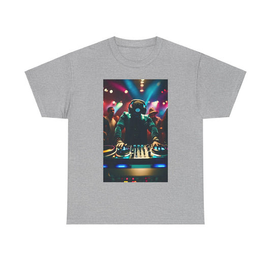 Street Monster Graphic T-Shirt in grey showcasing a dynamic DJ performance with colourful stage lights, an essential piece for stylish street fashion.