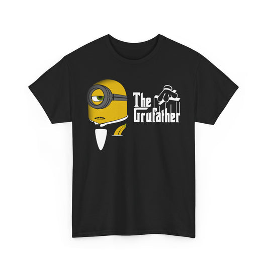 The Grufather Minions Godfather mockup Unisex Men´s Women´s Graphic T Shirt Tee featuring a quirky minion in a stylish tuxedo, perfect for fans of funny T Shirt designs and Minions.